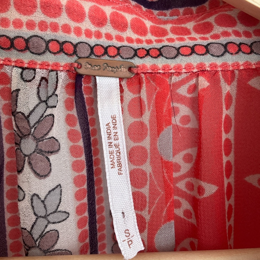 Free People SP Sheer Coral-Red Multi Pattern Button-Up  Tunic Blouse - Picture 4 of 9